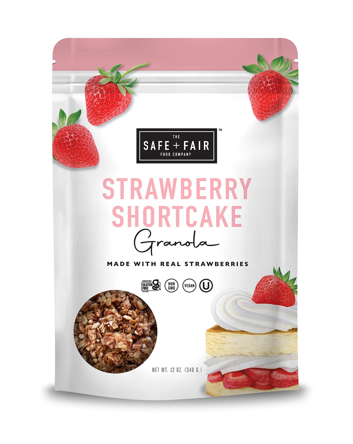 Safe + Fair Strawberry Shortcake Granola packaging front shows gluten-free allergen-safe snacking.