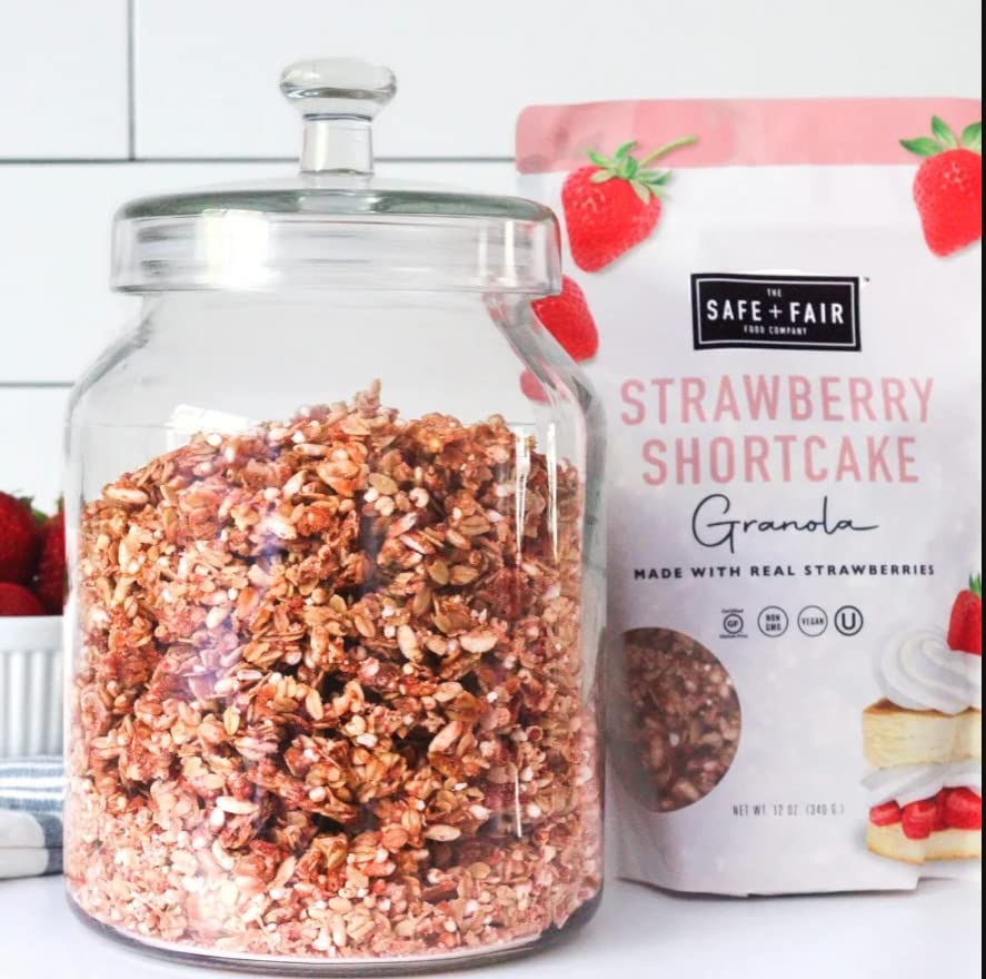 Safe + Fair granola texture closeup shows hearty clusters and wholesome grains.