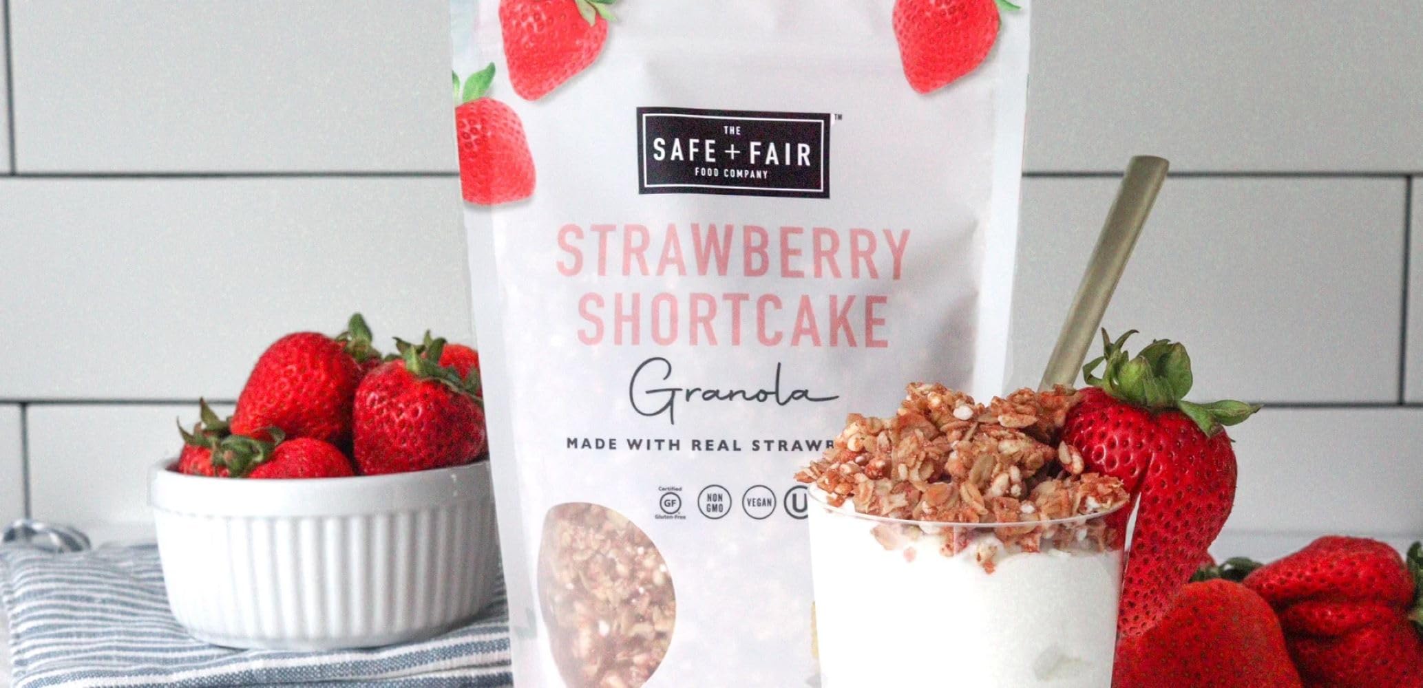 Safe + Fair vegan non-GMO icon signals plant-based clean ingredients.