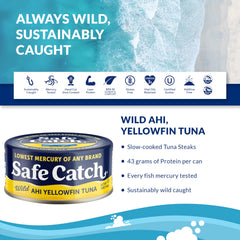 Safe Catch tuna can closeup of solid tuna with no water