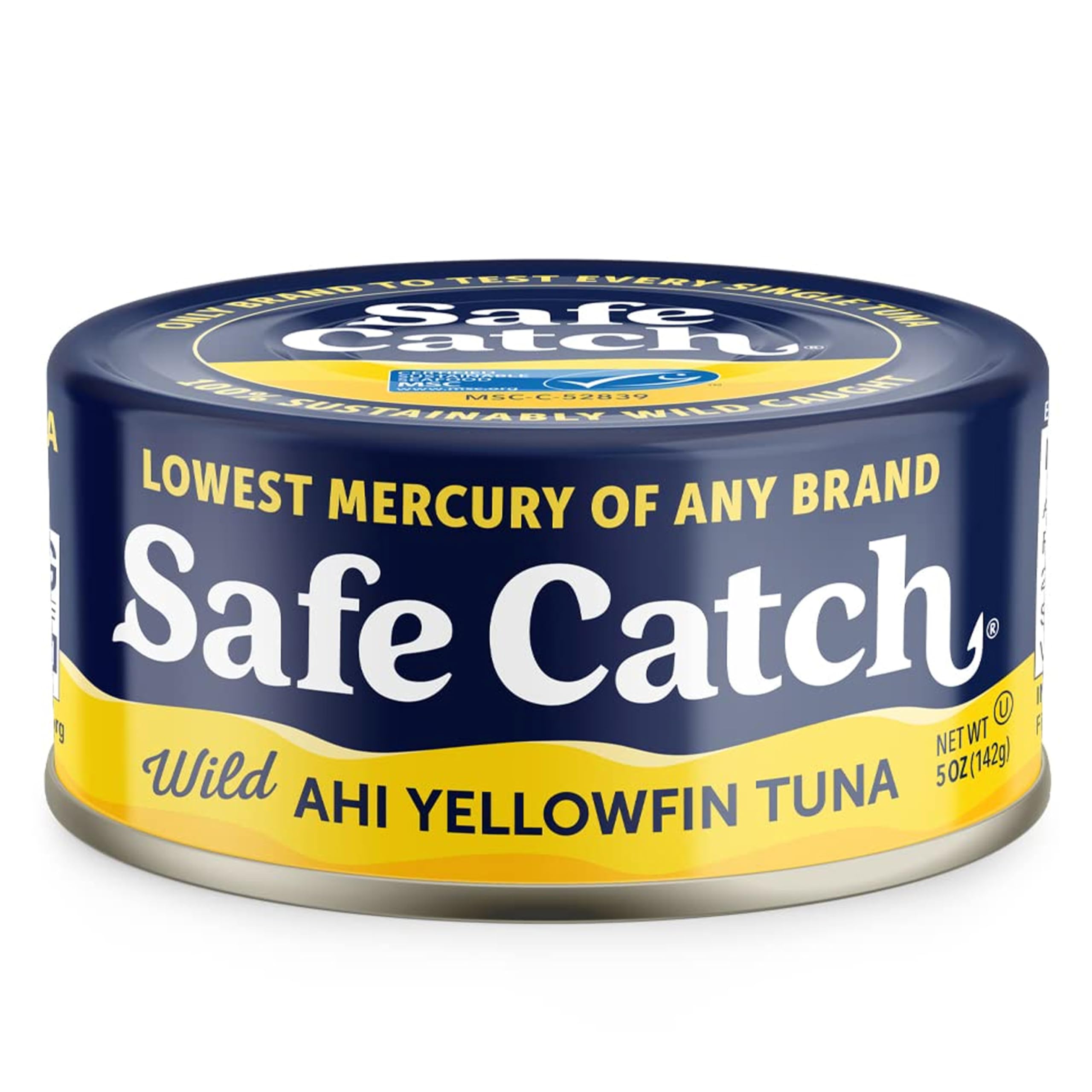 Safe Catch Ahi tuna can pack showing lean protein in six cans