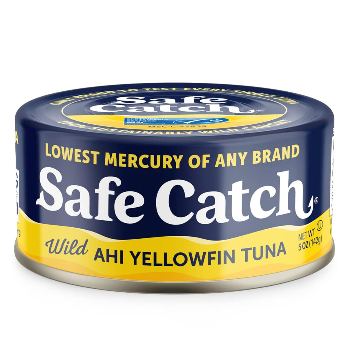 Safe Catch Ahi tuna can pack showing lean protein in six cans