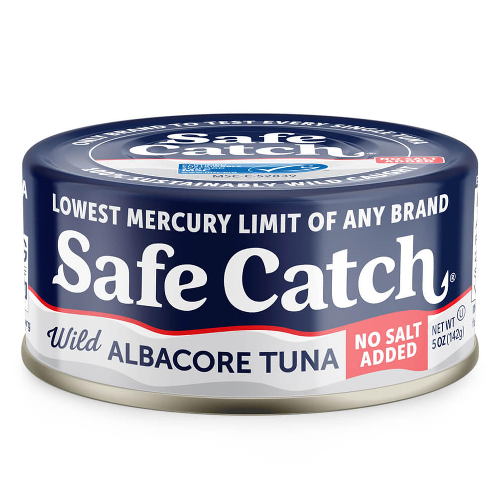 Safe Catch No Salt Added Albacore Tuna can showing pure tuna for lighter meals.