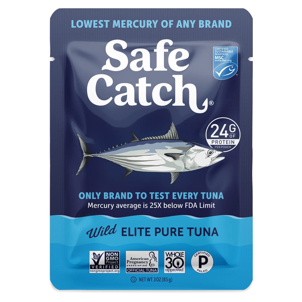 Safe Catch Elite tuna pouch shows mercury testing for safety and purity.