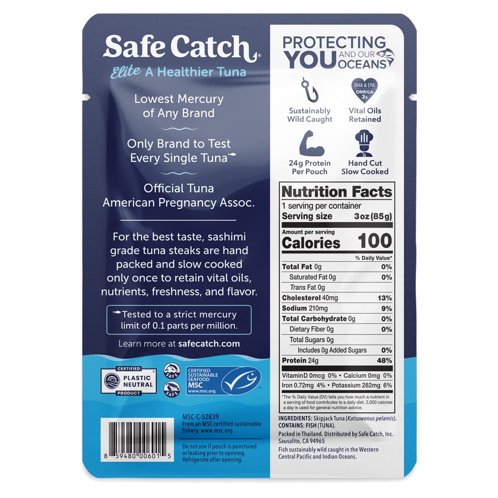 Safe Catch Elite tuna pouch emphasizes 24g protein per serving for quick meals.