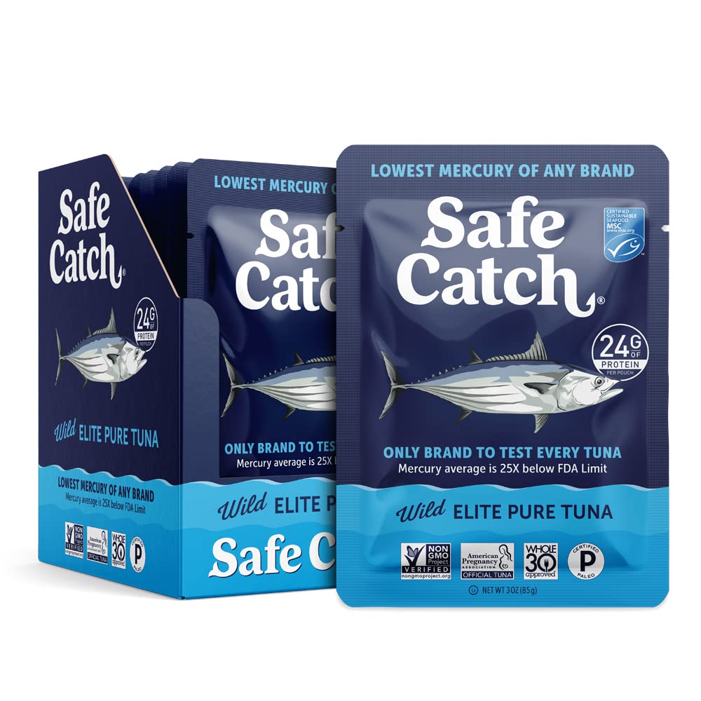 Safe Catch Elite tuna pouch label highlights wild-caught purity and lowest mercury.