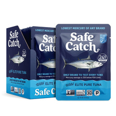 Safe Catch Elite tuna pouch label highlights wild-caught purity and lowest mercury.