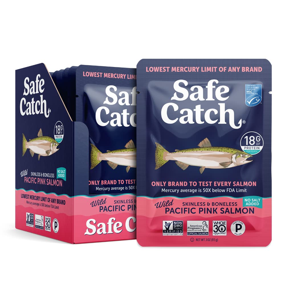 Safe Catch mercury tested salmon pouch with low mercury levels.