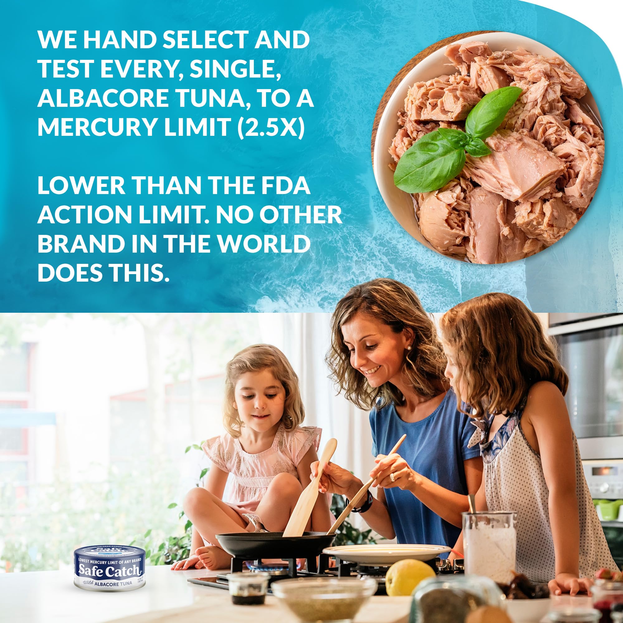 Safe Catch mercury-tested tuna label close-up communicates high safety standards.