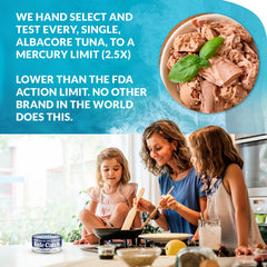Safe Catch mercury-tested tuna label close-up communicates high safety standards.