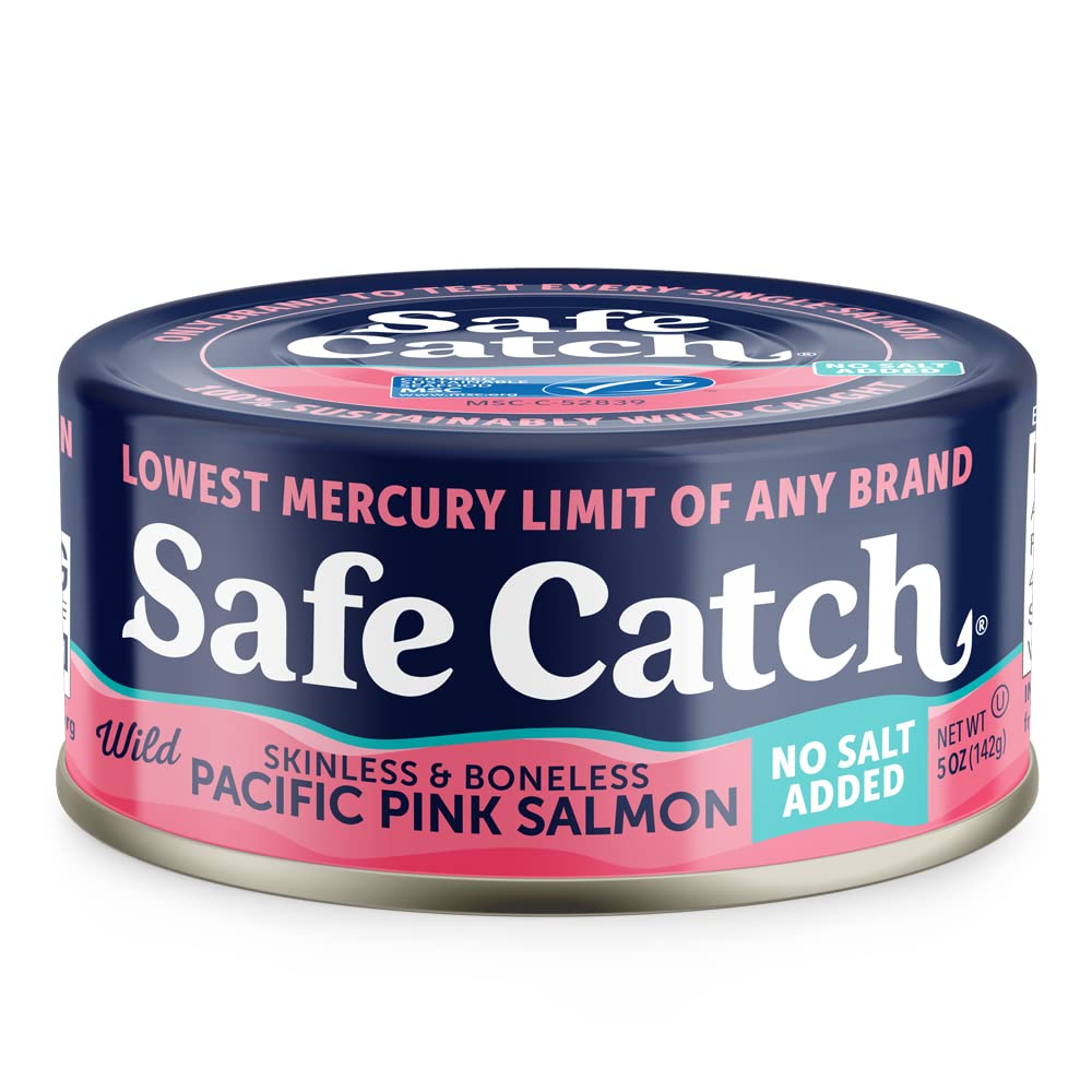 Safe Catch no salt added salmon can highlighting clean preparation