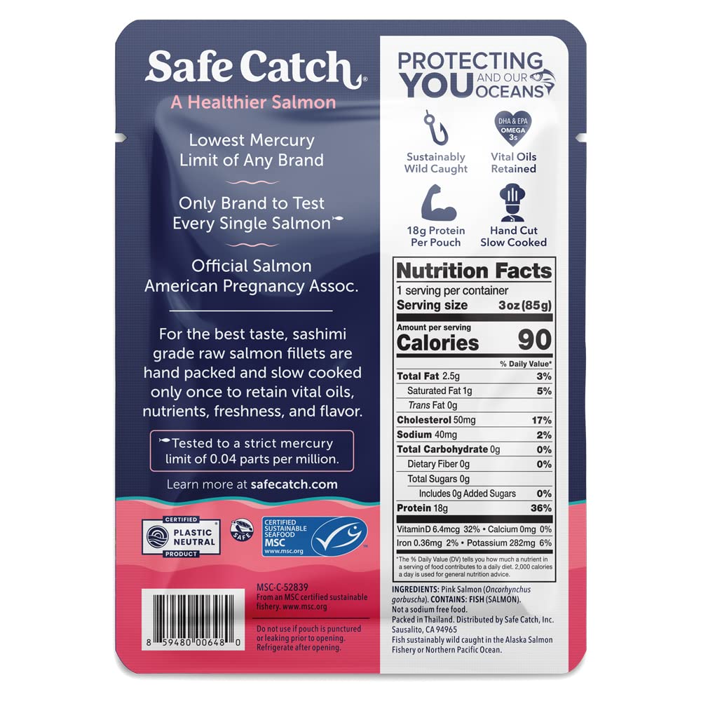 Safe Catch no salt added salmon pouch ideal for light, flavorful dishes.