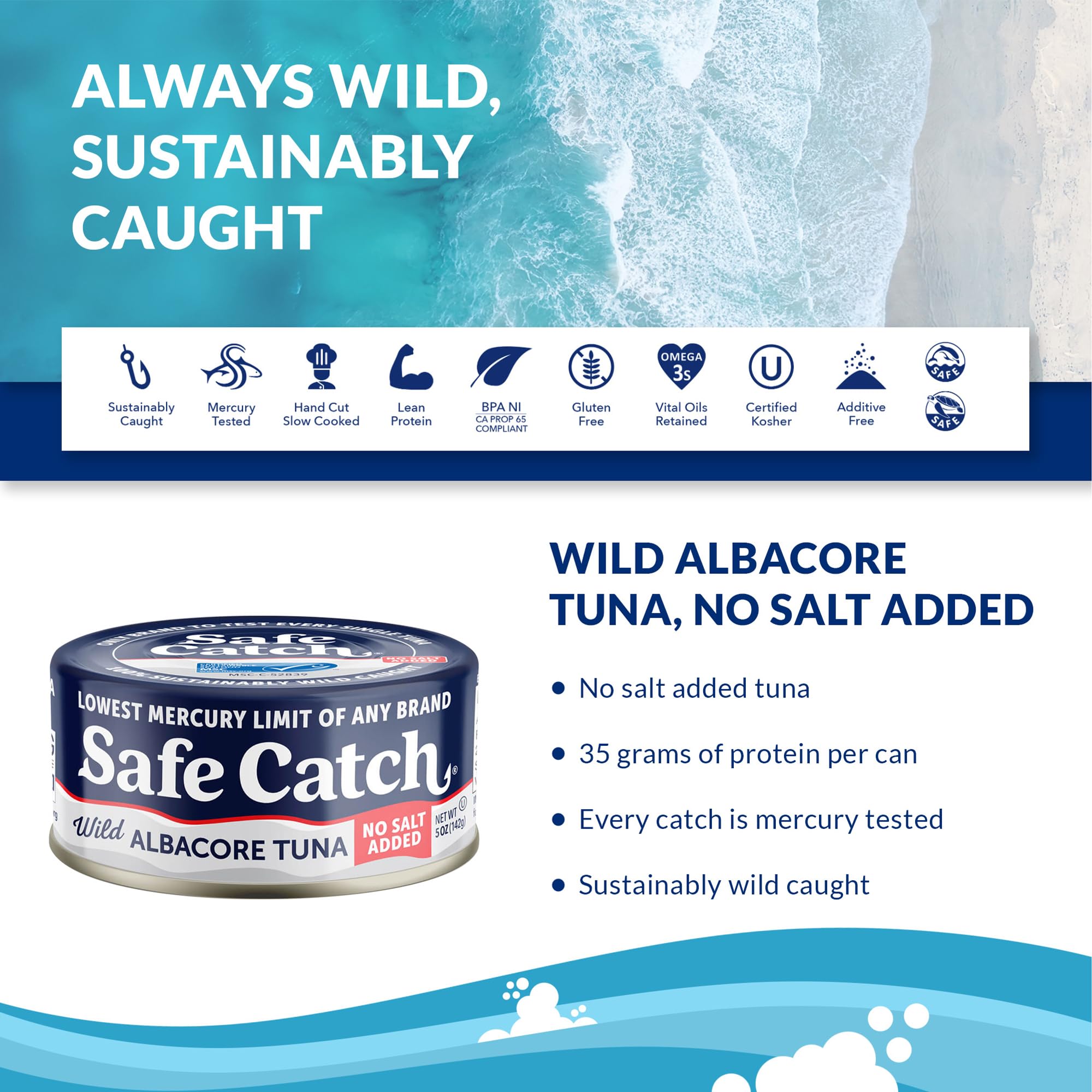 Safe Catch No Salt Added tuna can with clean flavor for low-sodium cooking.
