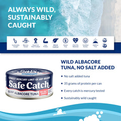 Safe Catch No Salt Added tuna can with clean flavor for low-sodium cooking.