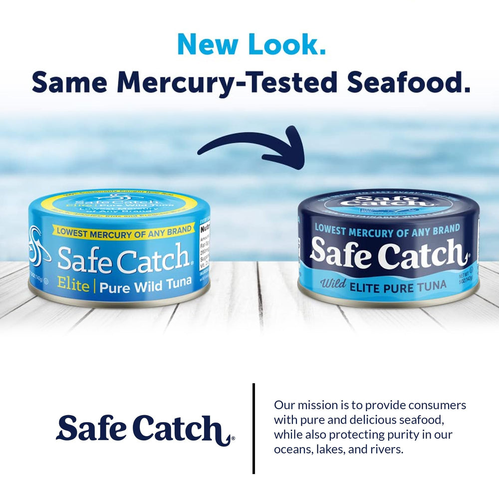 Safe Catch packaging shows six-pack convenience and ocean-friendly sourcing