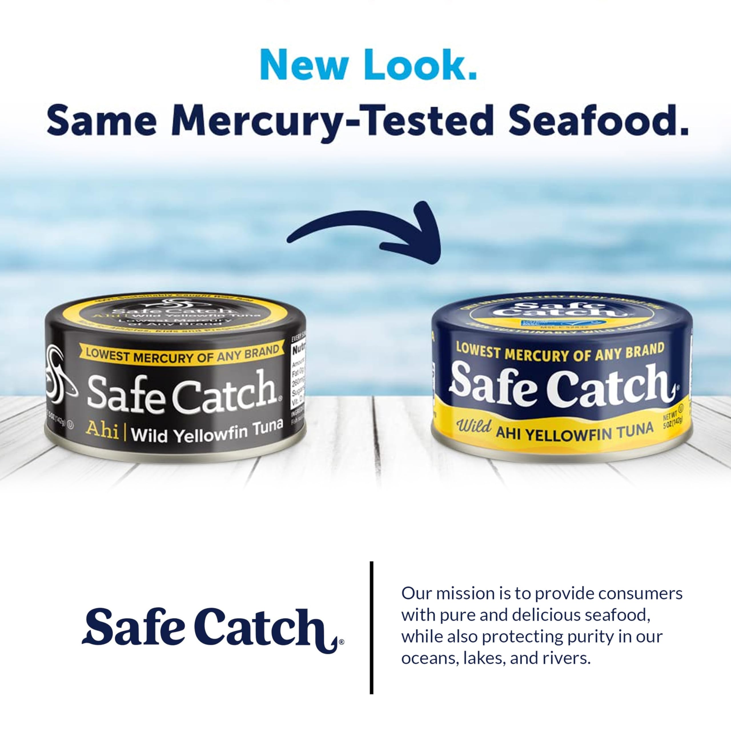 Safe Catch six-pack tuna cans on shelf for pantry