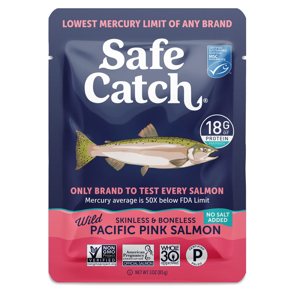 Safe Catch skinless boneless wild pink salmon pouch for quick, high-protein meals.