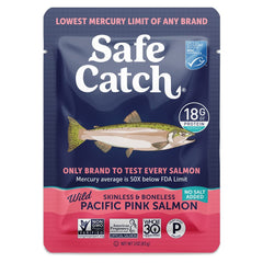 Safe Catch skinless boneless wild pink salmon pouch for quick, high-protein meals.