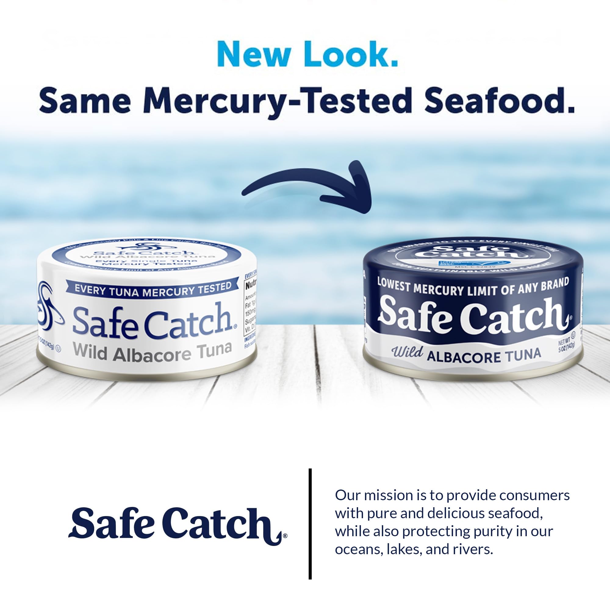 Pack of Safe Catch tuna cans on grocery shelf.