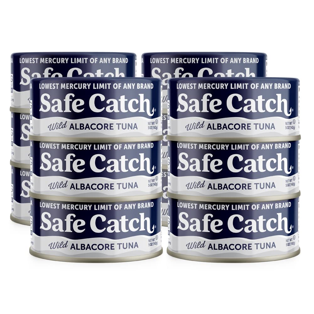 Safe Catch wild albacore tuna can close-up highlighting pure protein.