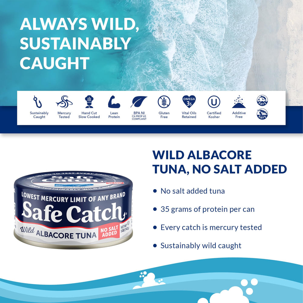 Safe Catch Wild Albacore Tuna from the North Pacific emphasizes sustainable sourcing.