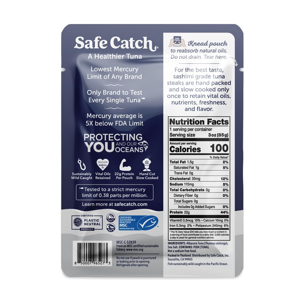 Safe Catch Wild Albacore Tuna Pouch delivering 22g protein per serving.
