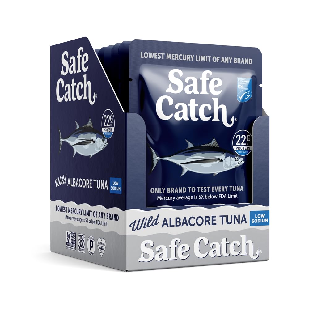 Safe Catch Mercury-tested tuna pouch for lower contaminant exposure.