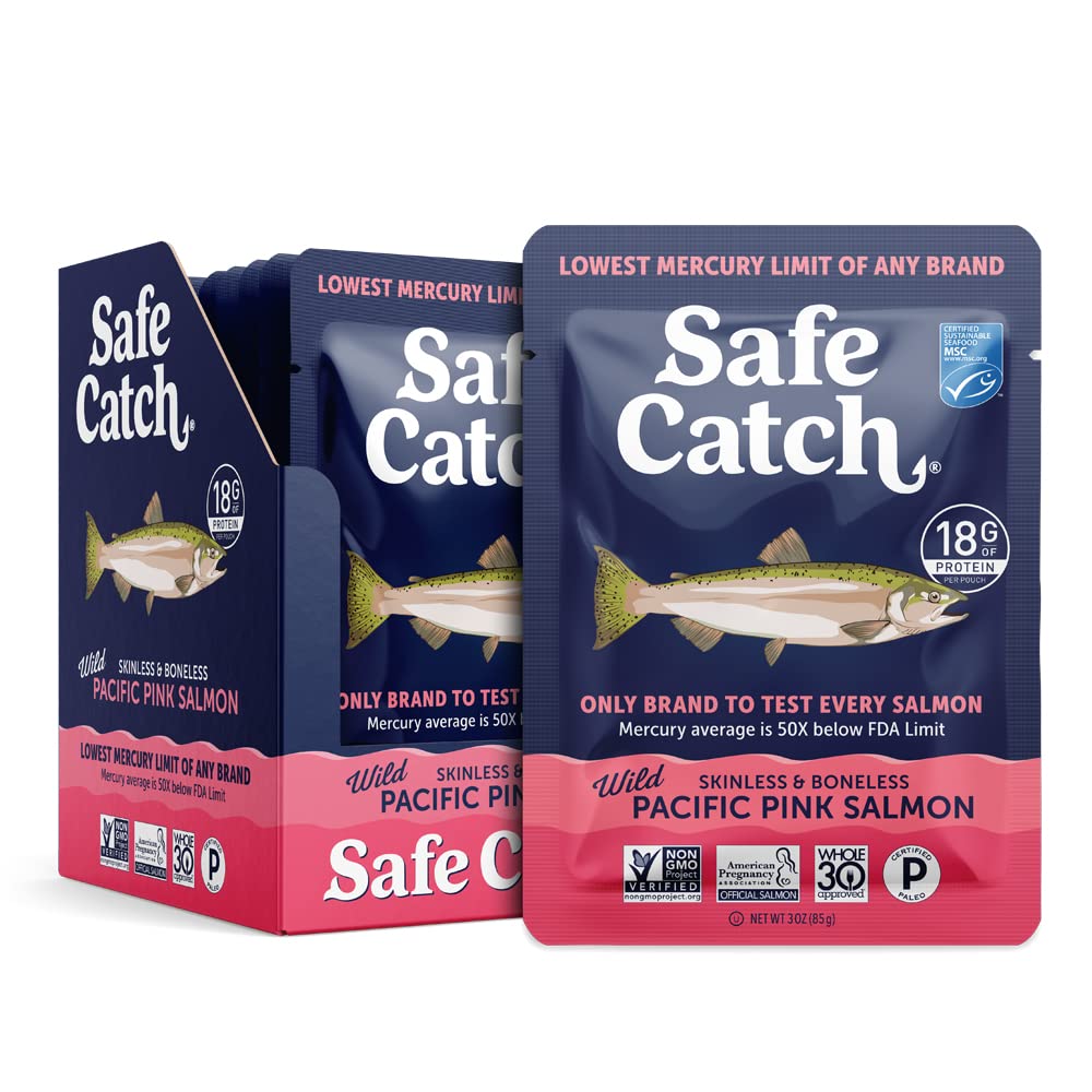 Safe Catch salmon pouch packaging on shelf, convenient protein option.