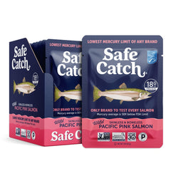 Safe Catch salmon pouch packaging on shelf, convenient protein option.