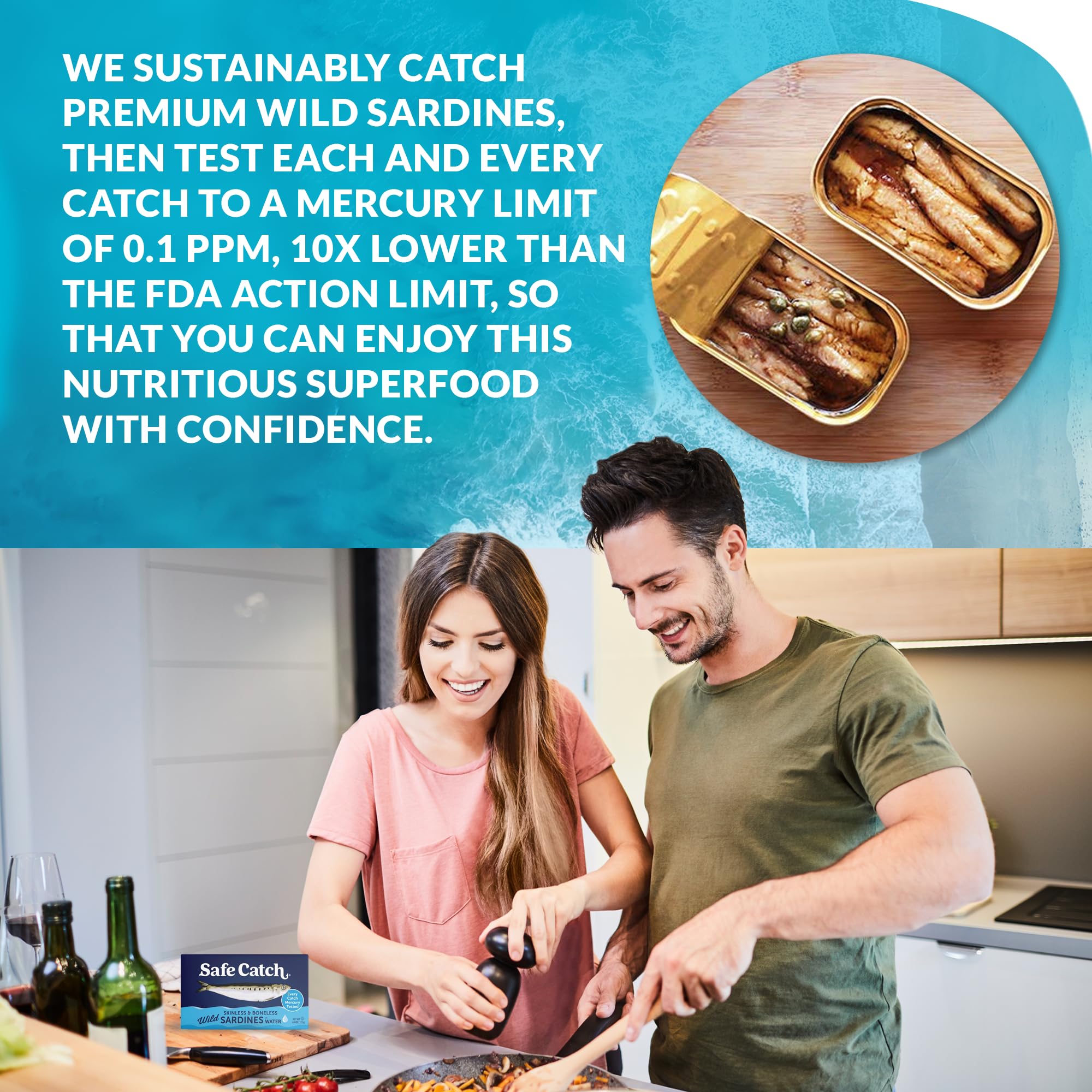 Safe Catch wild sardines in water can, ready-to-eat convenience.