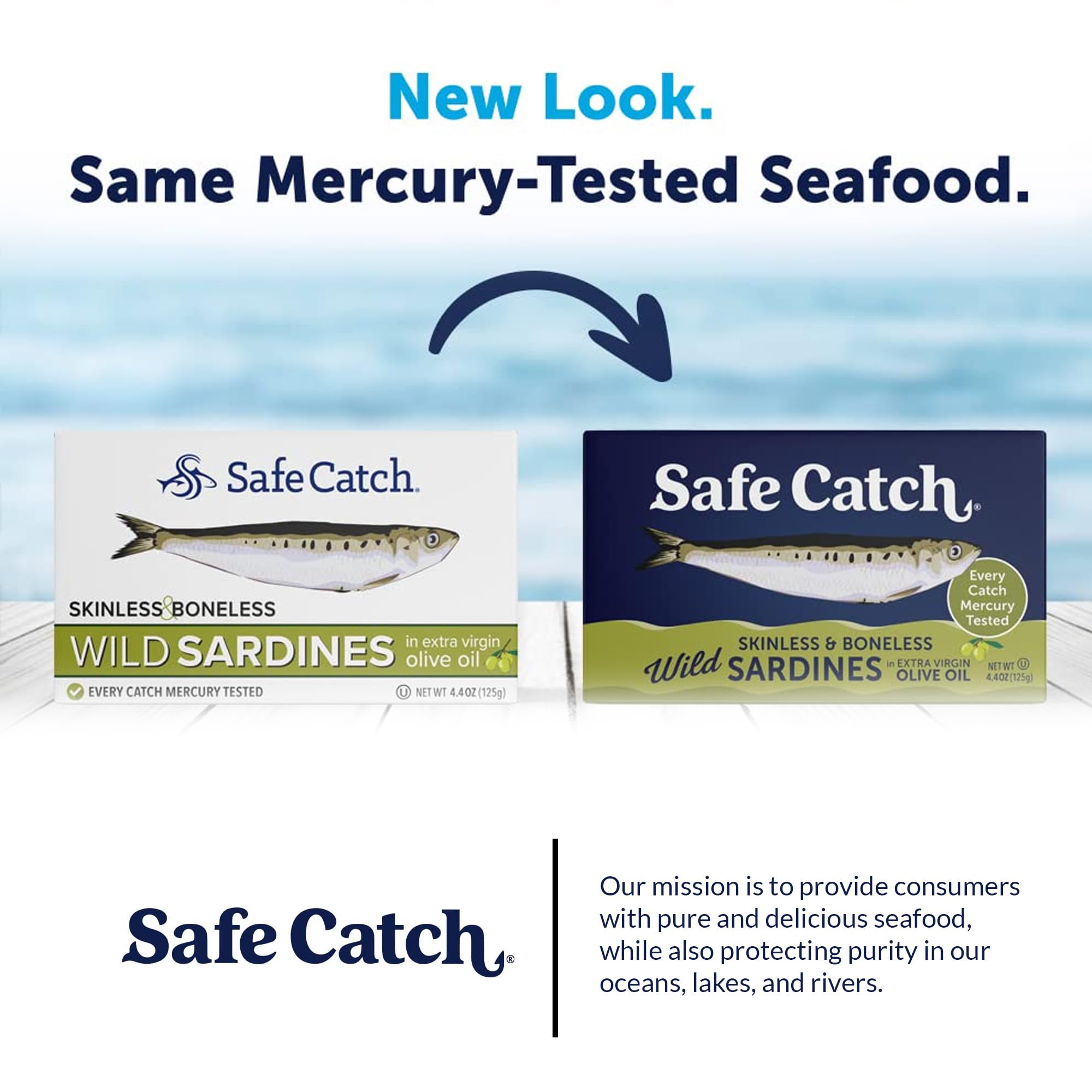 Safe Catch sardines on a kitchen counter, ideal for quick meals.