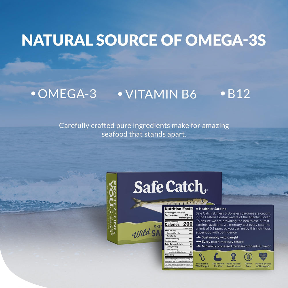 Safe Catch product label showing sustainable sourcing and omega-3 details.