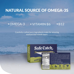 Safe Catch product label showing sustainable sourcing and omega-3 details.