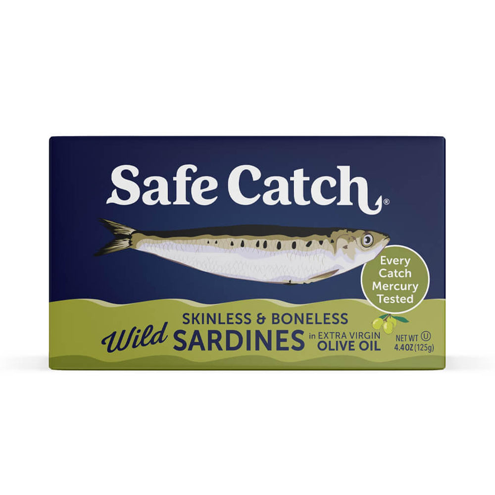 Safe Catch wild sardines in olive oil pack, ready-to-eat protein on the go.