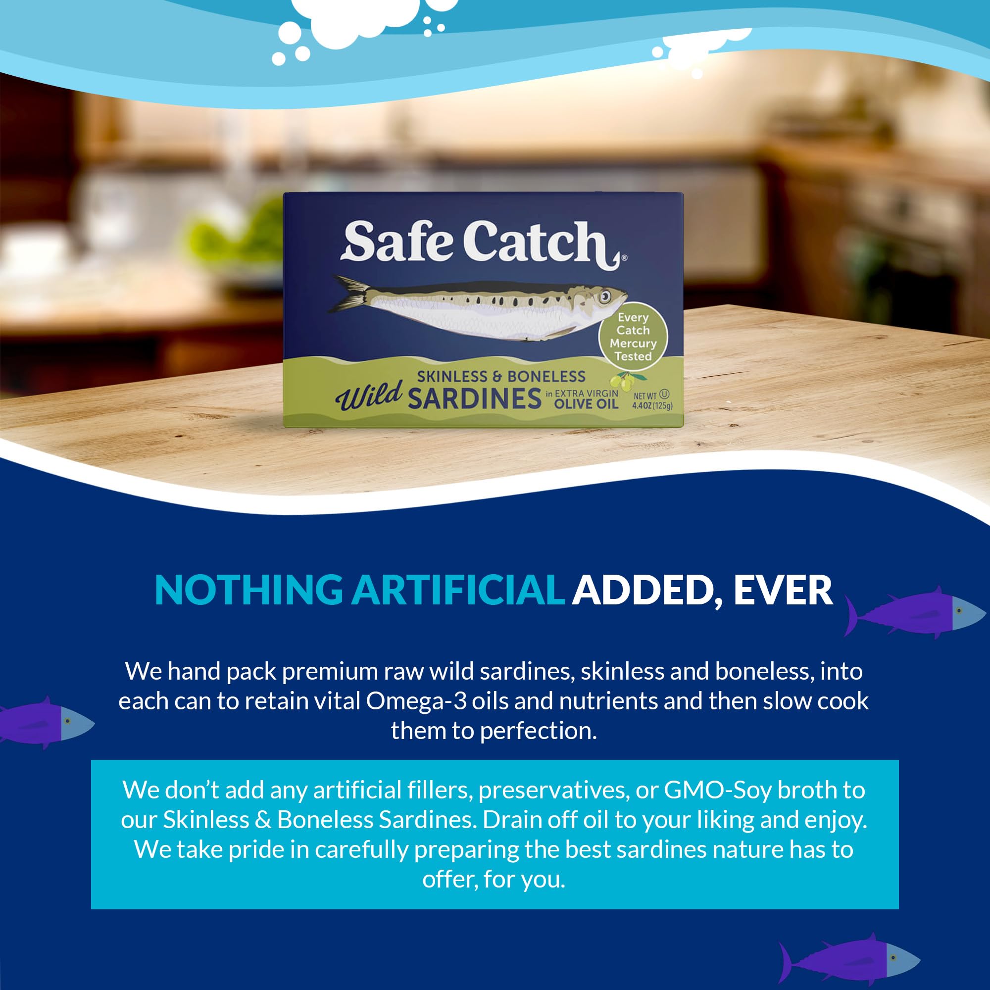 Ready-to-eat Safe Catch sardines in olive oil serving suggestion.
