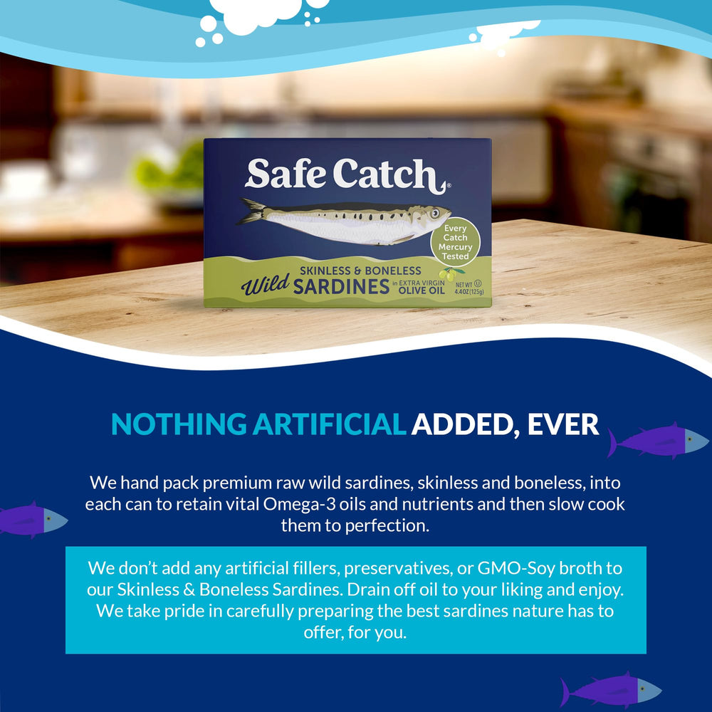 Ready-to-eat Safe Catch sardines in olive oil serving suggestion.