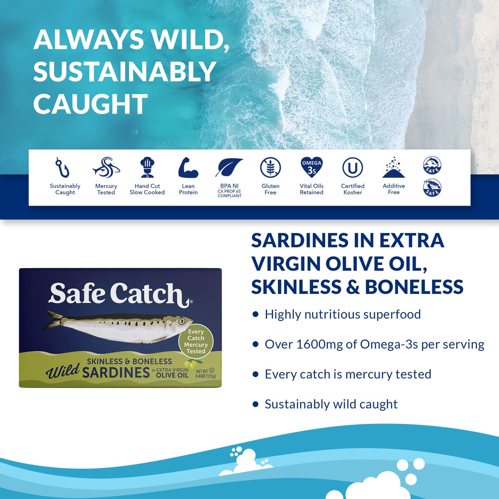 Safe Catch sardines in EVOO with skinless fillets, silky oil coating for flavorful bites.