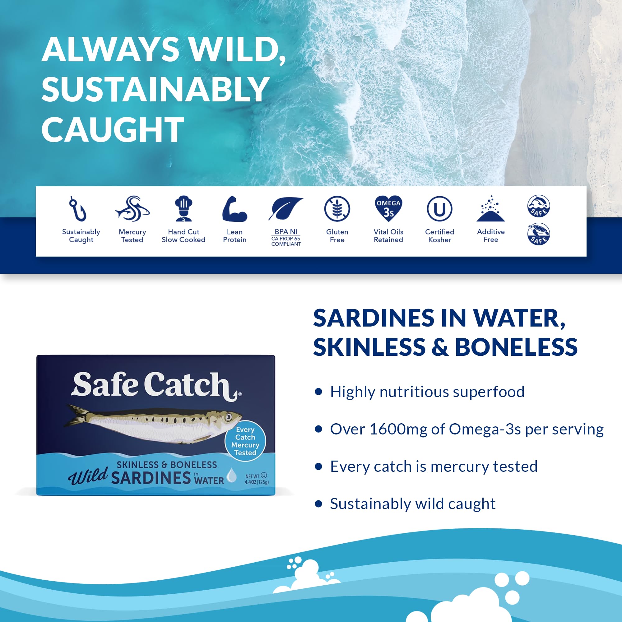 Safe Catch sardines on plate, omega-3 rich meal option.