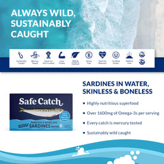 Safe Catch sardines on plate, omega-3 rich meal option.