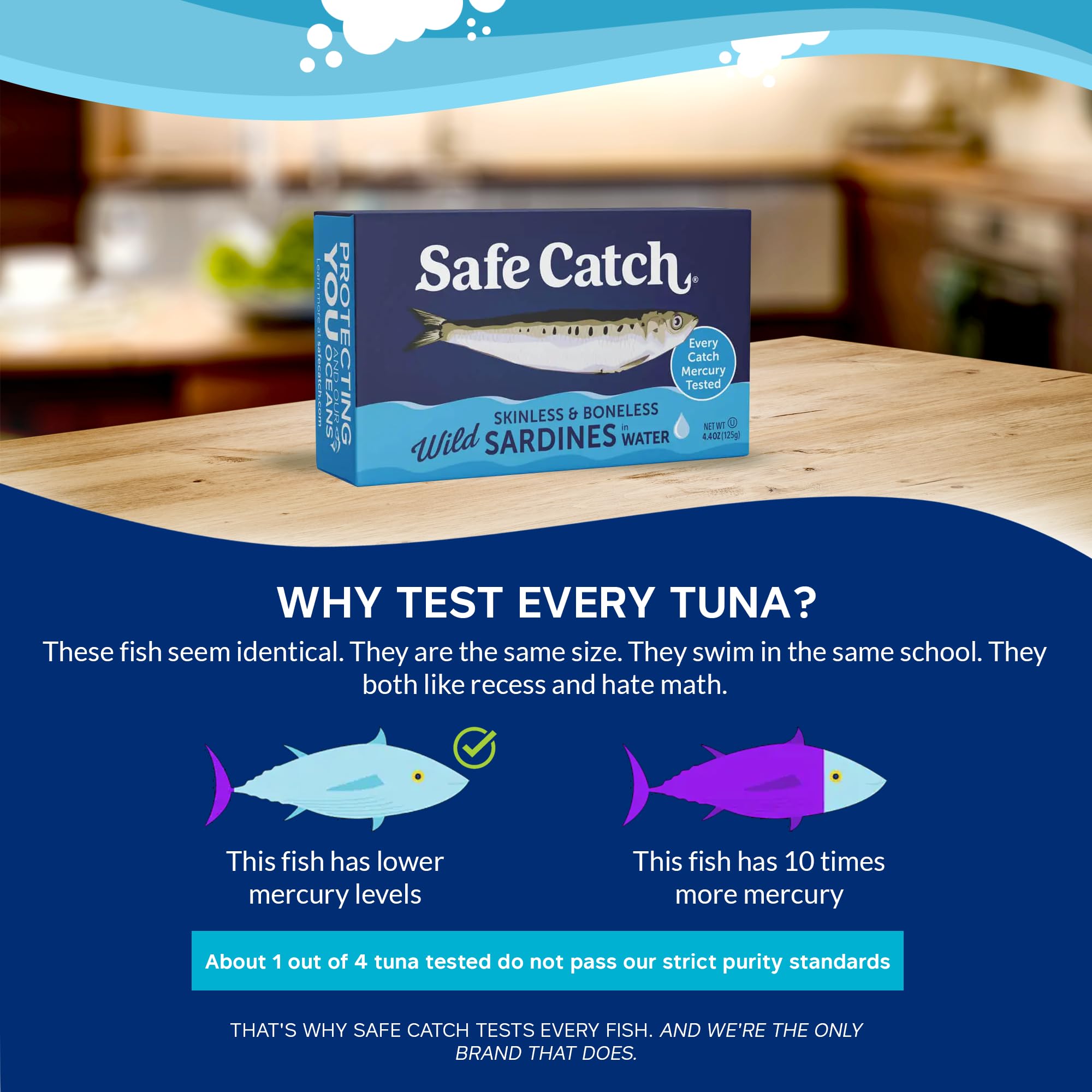 Safe Catch 12-tin pack, shelf-stable seafood for meals.