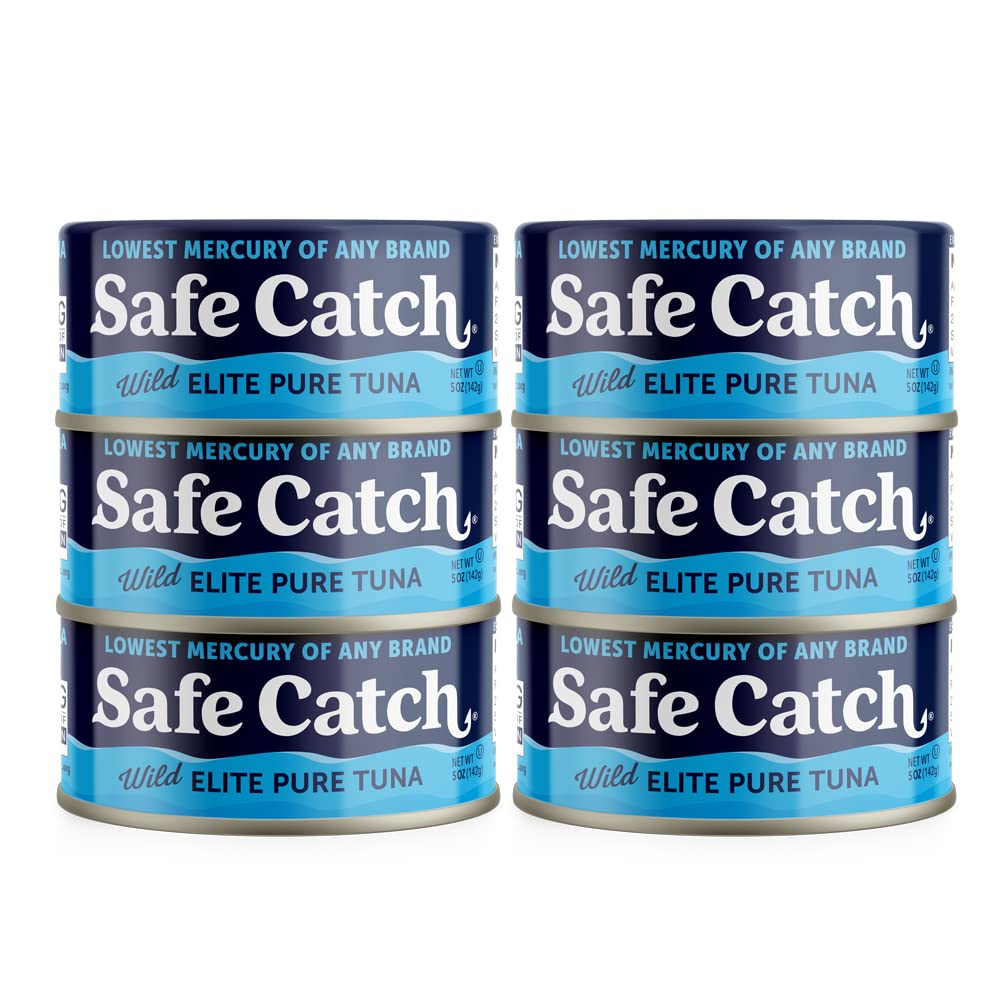 Safe Catch Wild Tuna can with open lid showing solid tuna steak, omega-3 rich