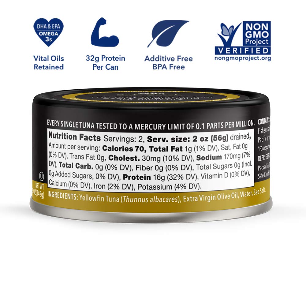Safe Catch yellowfin tuna steaks in extra virgin olive oil, slow cooked for texture