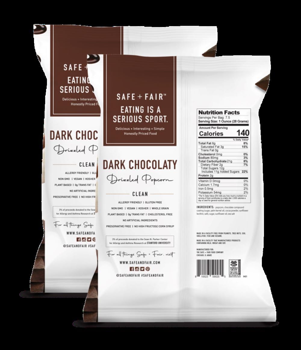 Close-up of vegan chocolate drizzle on Safe and Fair popcorn