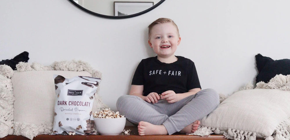 Product display on kitchen shelf featuring Safe and Fair popcorn