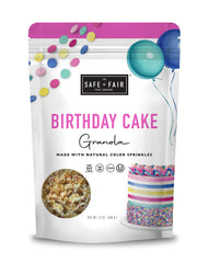 The Safe + Fair Birthday Cake Granola packaging highlights gluten-free, vegan credentials.