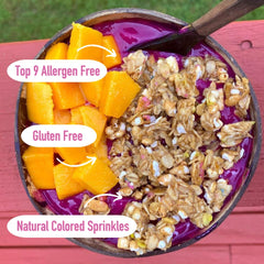 The Safe + Fair Birthday Cake Granola natural sprinkles close-up show color and texture.
