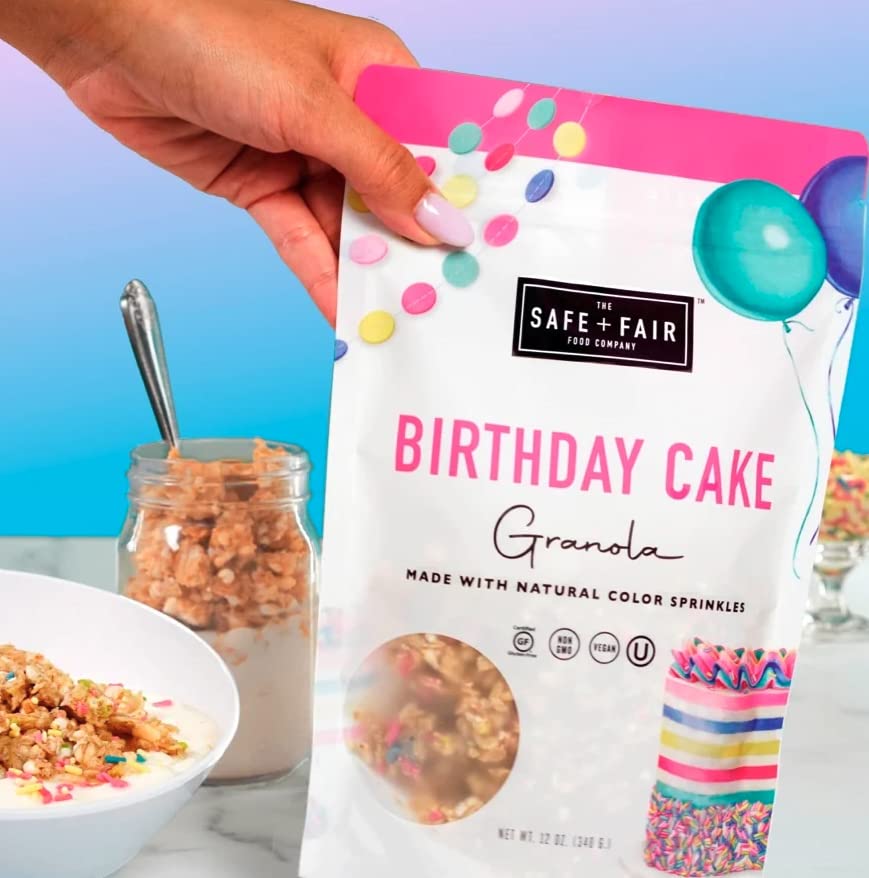 The Safe + Fair Birthday Cake Granola with dairy-free yogurt bowl for a creamy treat.