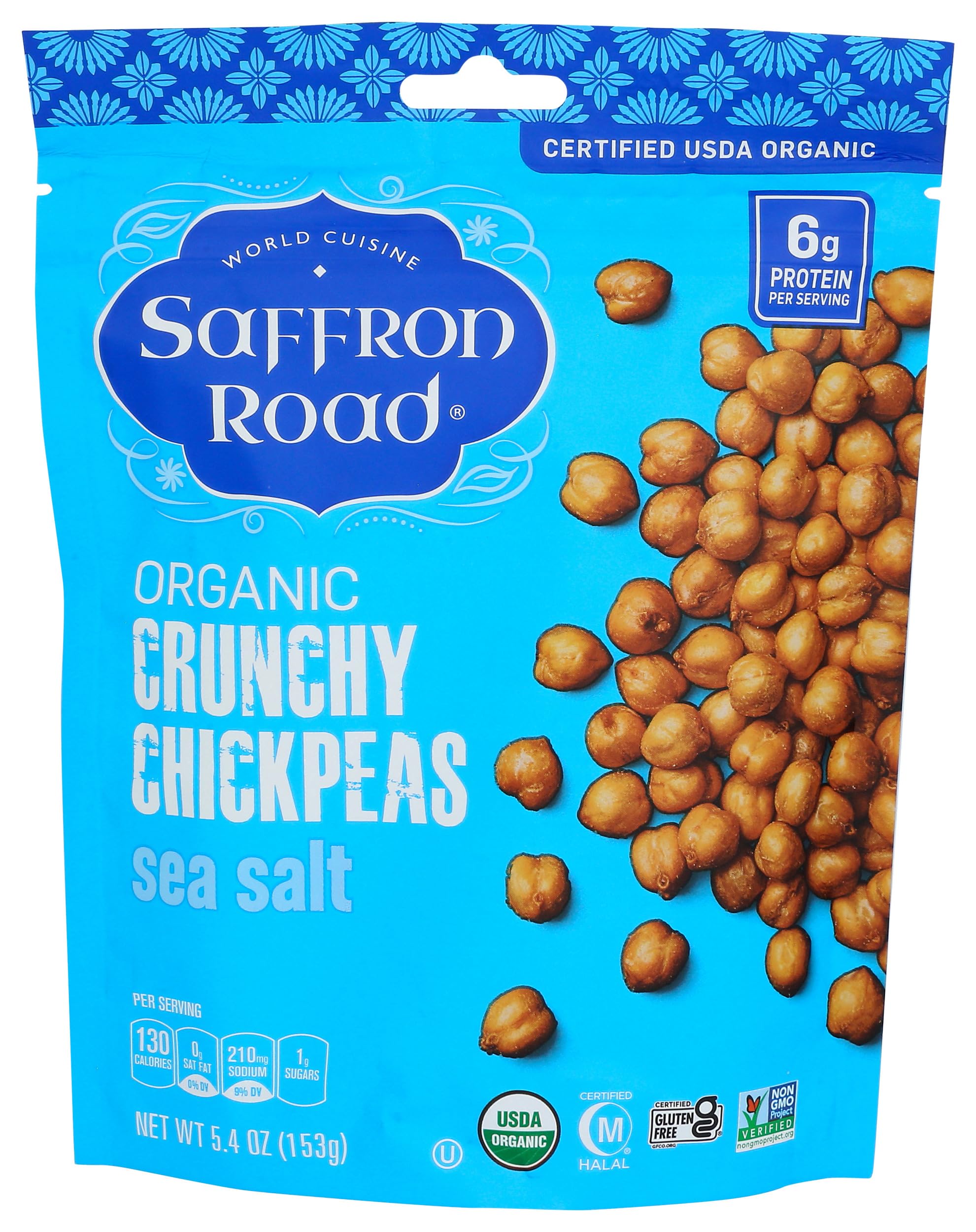 Saffron Road Organic Sea Salt Chickpeas, roasted to a crunchy, savory bite.
