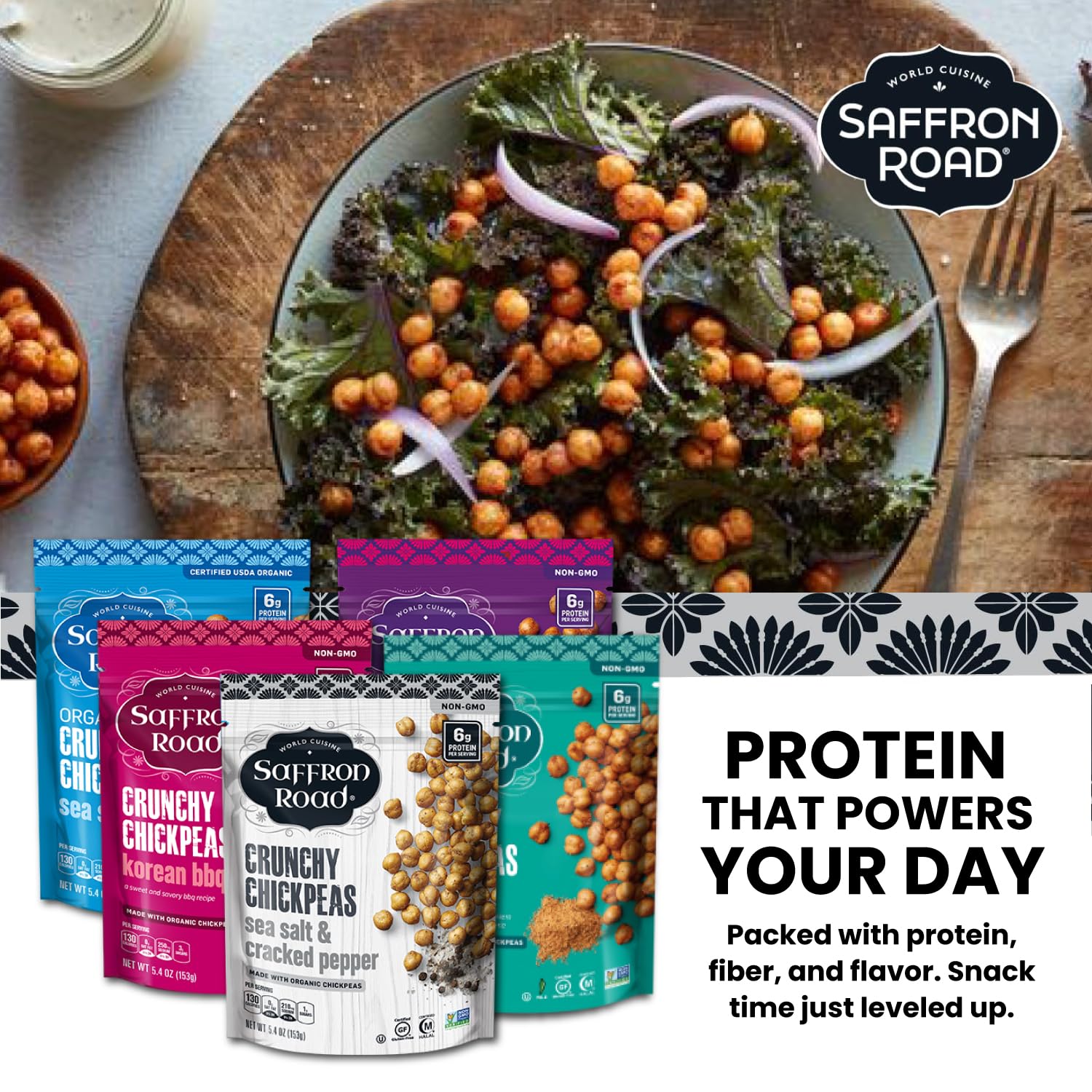 Saffron Road Sea Salt chickpeas bag highlighting crisp texture