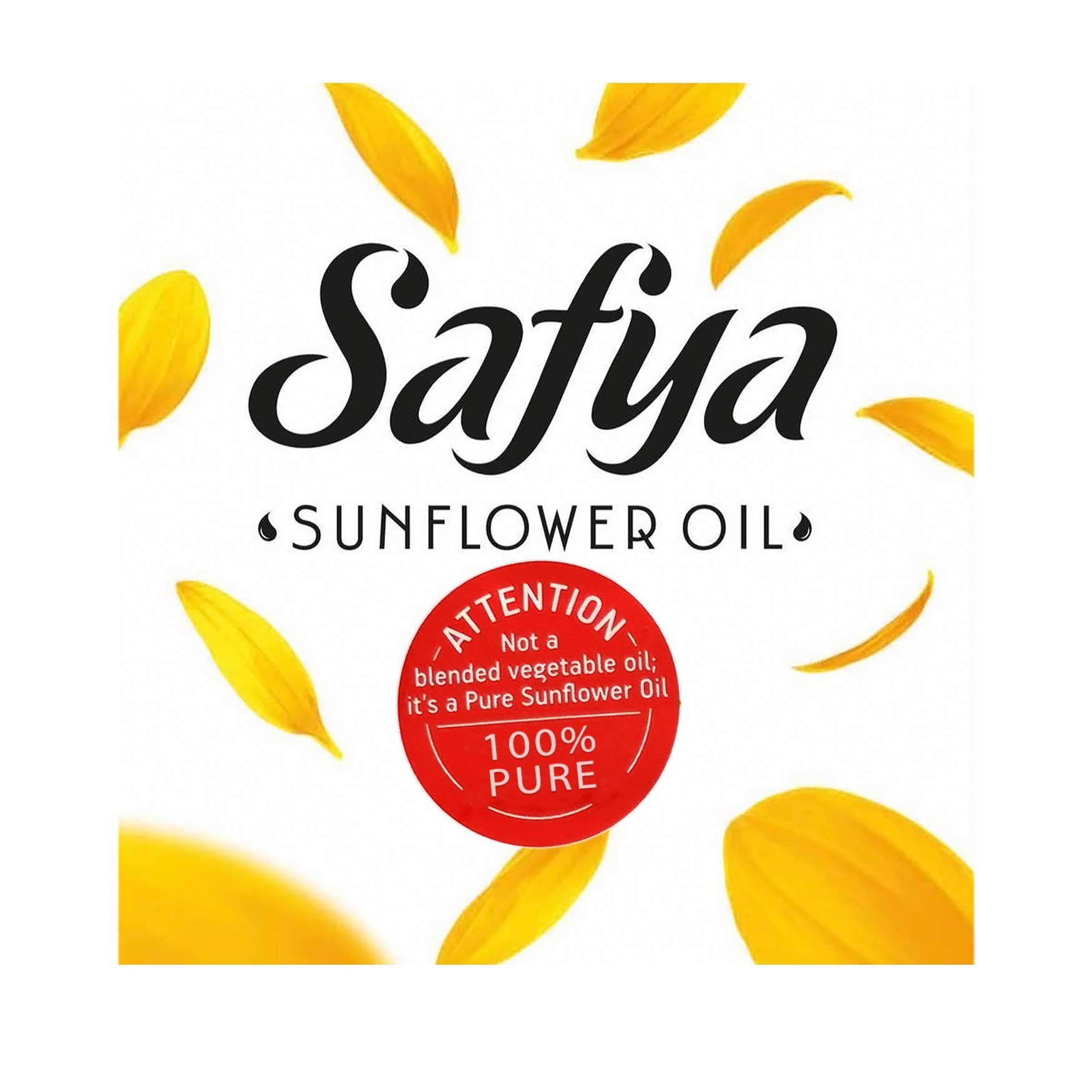 Safya sunflower oil label closeup emphasizing purity and non-GMO quality.